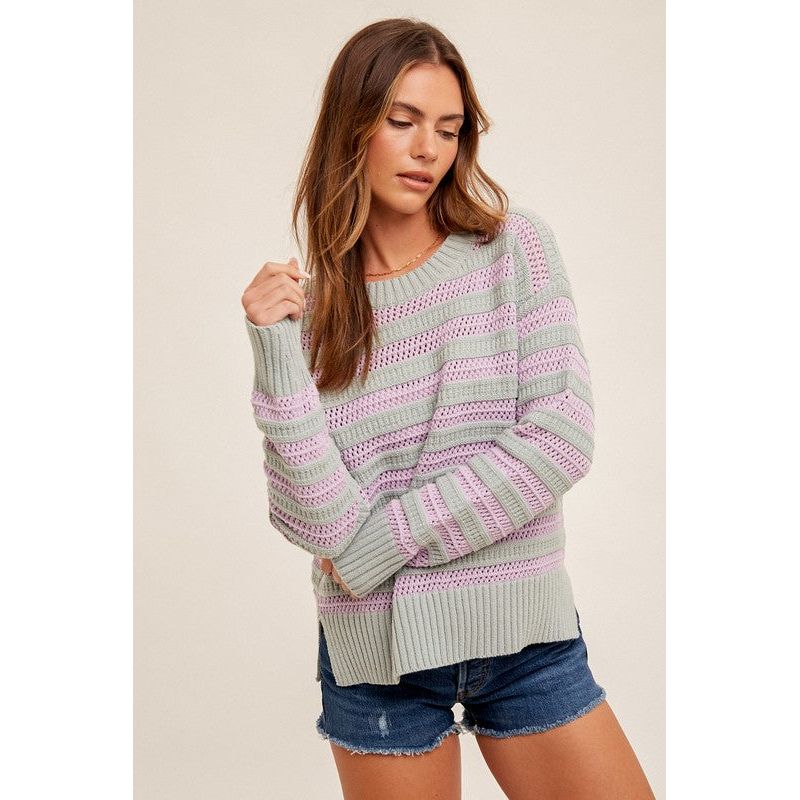 Women's Sweaters - Round Neck High Slit Sides Hole-Knit Sweater -  - Cultured Cloths Apparel