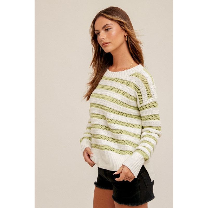 Women's Sweaters - Round Neck High Slit Sides Hole-Knit Sweater -  - Cultured Cloths Apparel