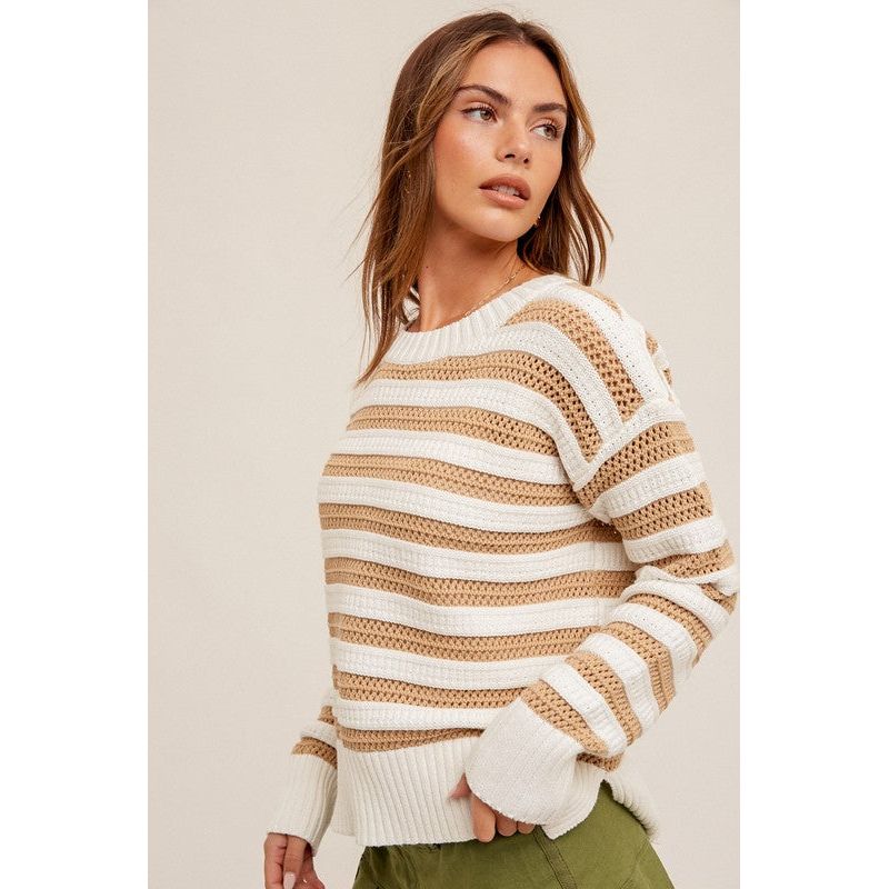 Women's Sweaters - Round Neck High Slit Sides Hole-Knit Sweater -  - Cultured Cloths Apparel