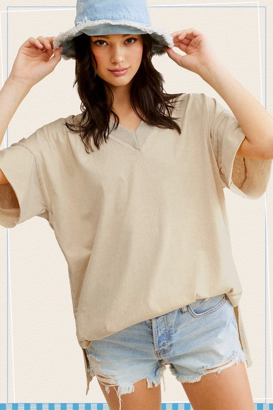 Women's Short Sleeve - Mineral Washed Oversized Short Sleeve Top - ALMOND MILK - Cultured Cloths Apparel