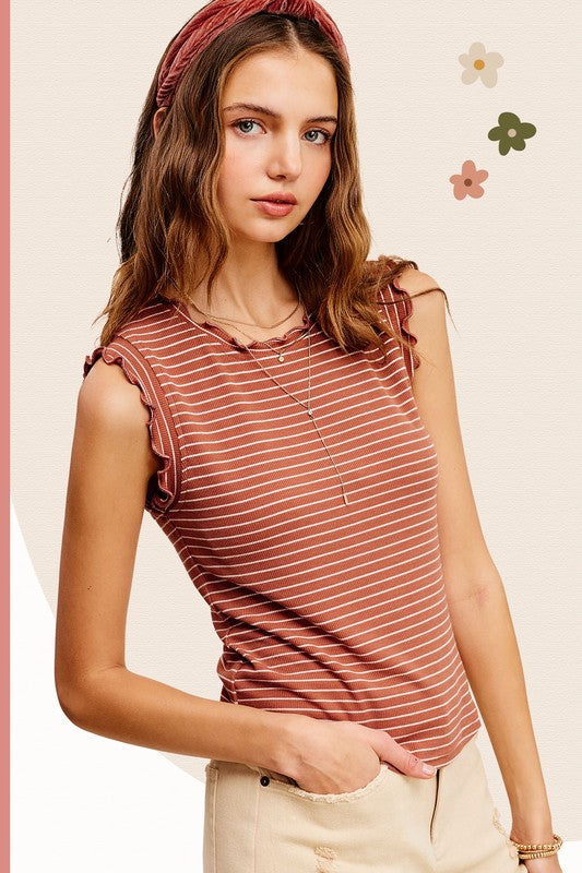 Women's Sleeveless - Brushed Stripe Ruffle Sleeve Top - SUNSTONE - Cultured Cloths Apparel