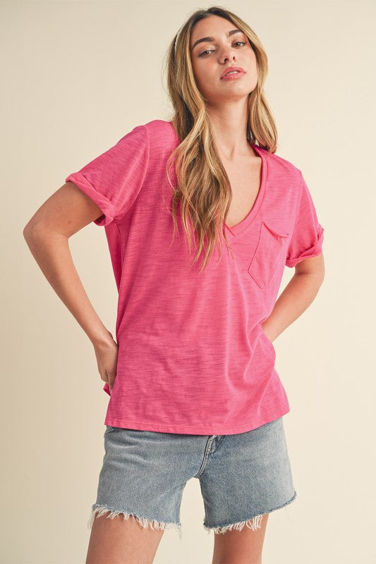 Women's Short Sleeve - Zoie V-Neck Short Sleeve Top - PINK - Cultured Cloths Apparel