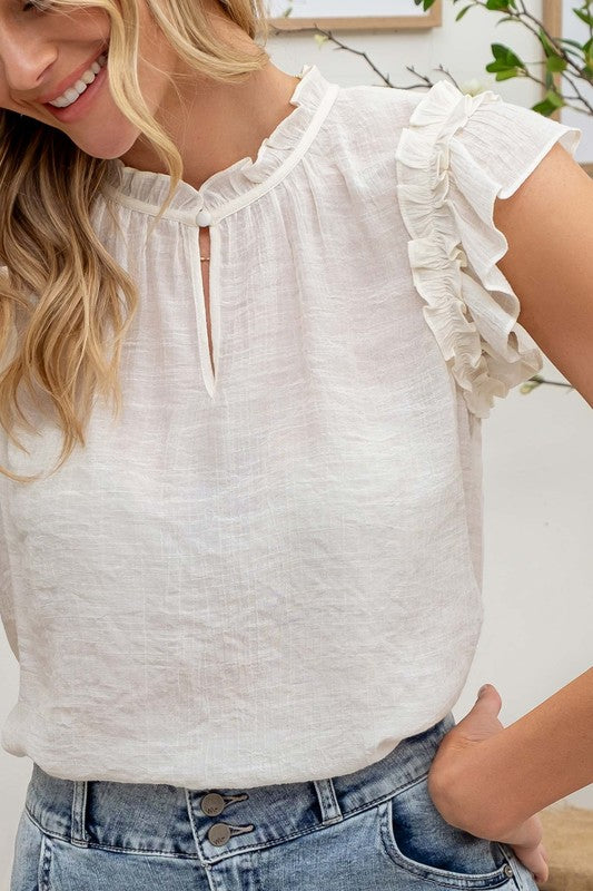 Women's Sleeveless - Flutter Ruffle Sleeve Blouse - Cream - Cultured Cloths Apparel