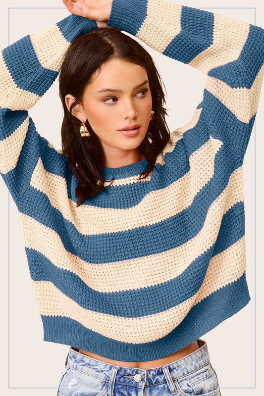 Women's Sweaters - Striped Round Neck Loose Fit Sweater - DENIM - Cultured Cloths Apparel