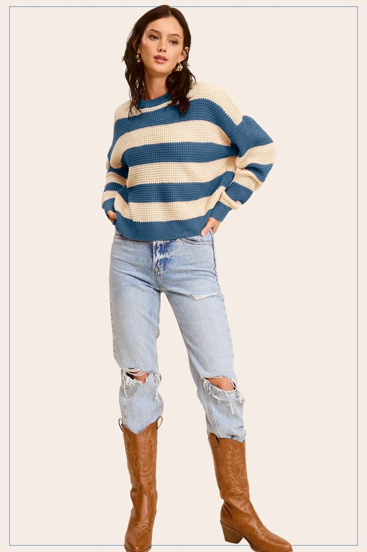 Women's Sweaters - Striped Round Neck Loose Fit Sweater -  - Cultured Cloths Apparel