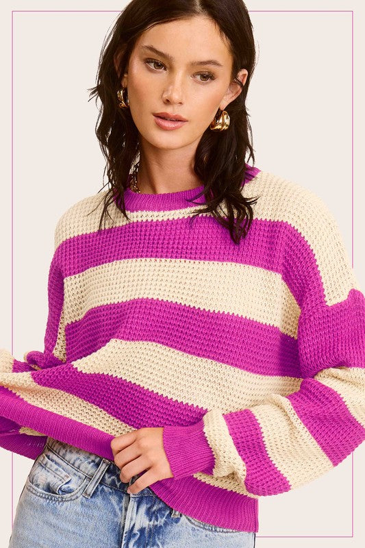 Women's Sweaters - Striped Round Neck Loose Fit Sweater -  - Cultured Cloths Apparel