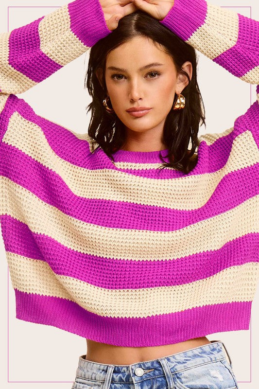 Women's Sweaters - Striped Round Neck Loose Fit Sweater - FUCHSIA - Cultured Cloths Apparel