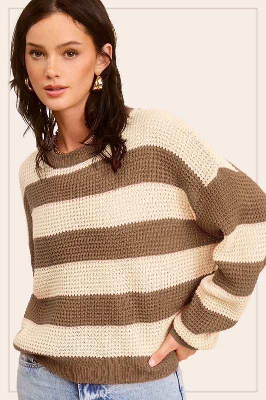 Women's Sweaters - Striped Round Neck Loose Fit Sweater - KHAKI - Cultured Cloths Apparel