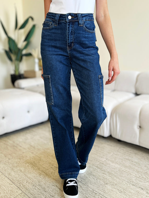 Denim - Judy Blue Full Size High Waist Straight Cargo Jeans - Dark - Cultured Cloths Apparel