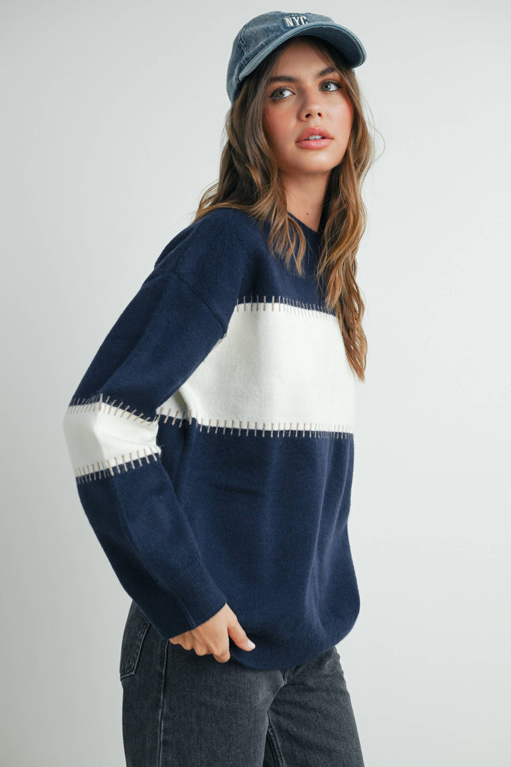 Women's Sweaters - COLOR BLOCK STRIPED CREW NECK SWEATER - - Cultured Cloths Apparel