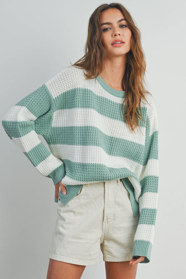 Women's Sweaters - STRIPED ROUND NECK LONG SLEEVE SWEATER -  - Cultured Cloths Apparel