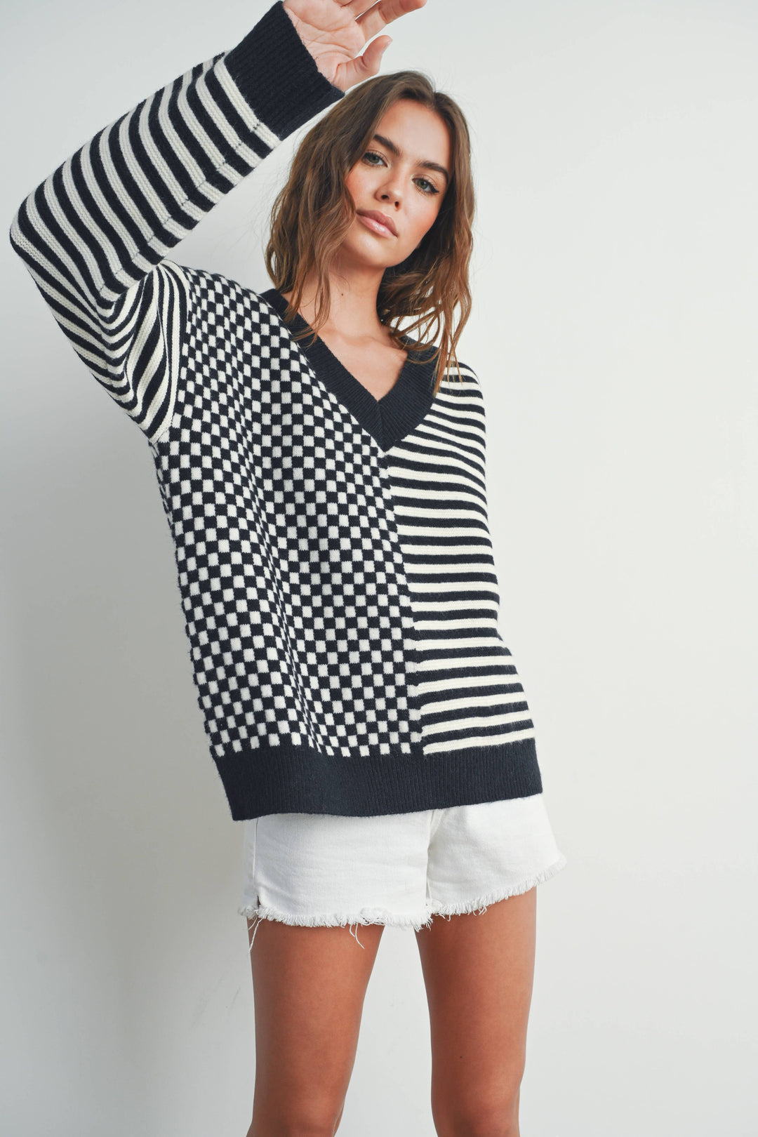 Women's Sweaters - FRENCHY CHECKER PATTERN DROP SHOULDER SWEATER - - Cultured Cloths Apparel