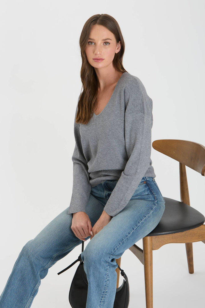 Women's Sweaters - SOLID V NECK FRONT SEAM KNIT SWEATER - - Cultured Cloths Apparel