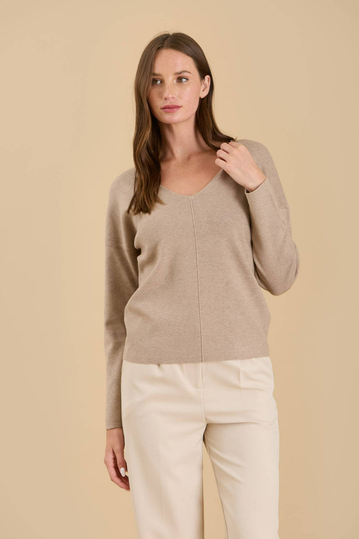 Women's Sweaters - SOLID V NECK FRONT SEAM KNIT SWEATER - - Cultured Cloths Apparel