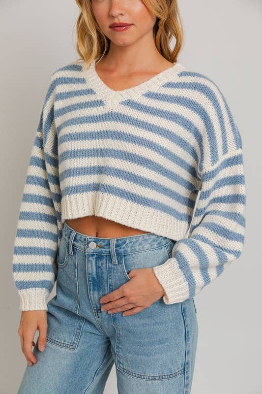 Women's Sweaters - Long Sleeve V-Neck Striped Cropped Sweater - - Cultured Cloths Apparel