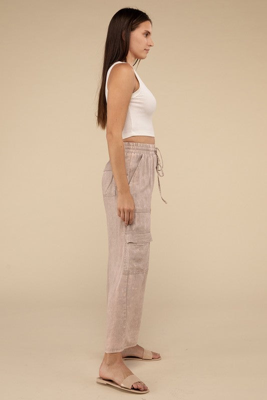 Denim - Washed Linen Elastic Band Waist Cargo Pants -  - Cultured Cloths Apparel