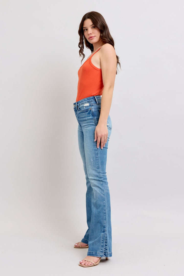 Denim - Judy Blue HW Tummy Control Vintage Wash Side Slit Slim Boot Jeans - - Cultured Cloths Apparel