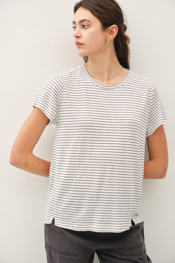 Women's Short Sleeve - SHORT SLEEVE ROUND NECK STRIPED RELAXED TEE - - Cultured Cloths Apparel