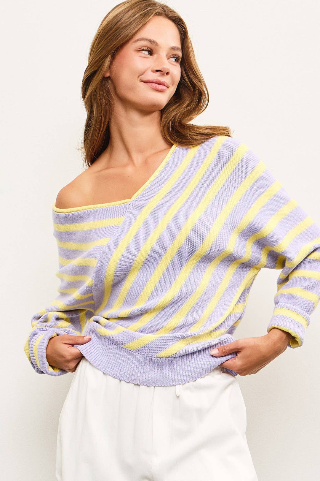 Women's Sweaters - CROSS STRIPE V NECK SWEATER TOP - - Cultured Cloths Apparel