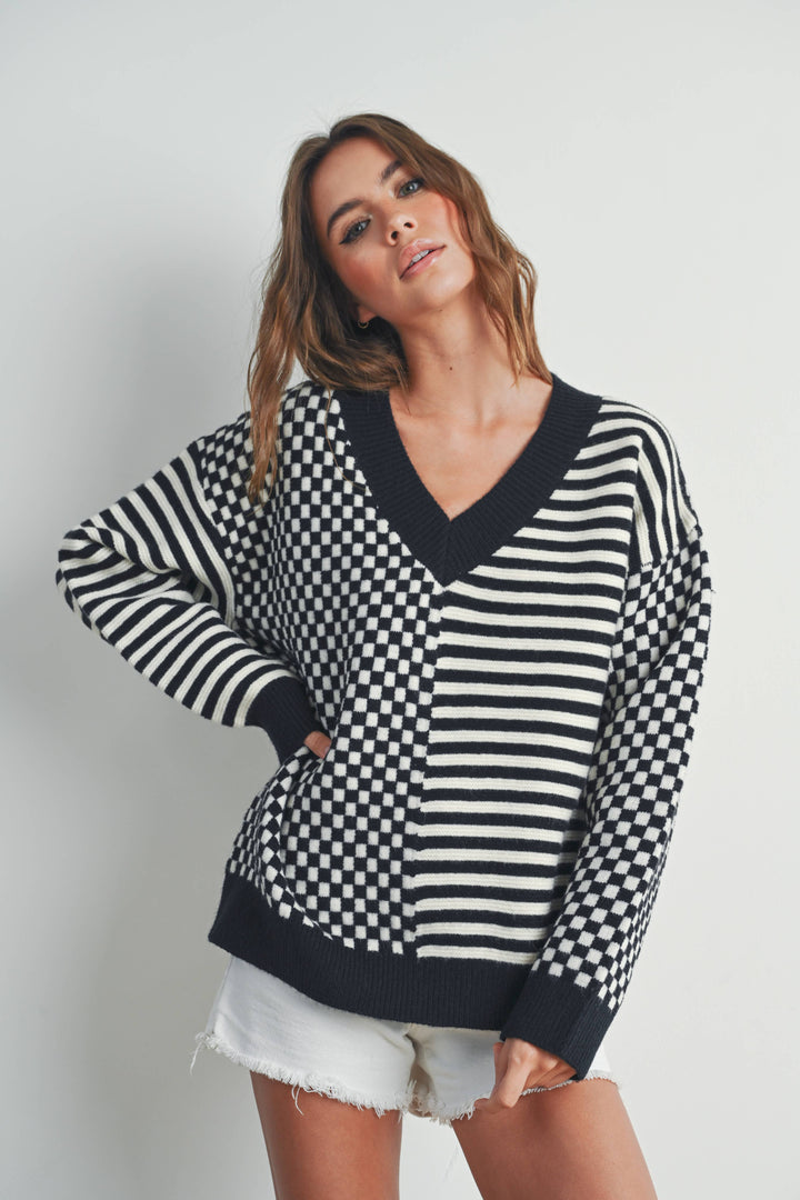 Women's Sweaters - FRENCHY CHECKER PATTERN DROP SHOULDER SWEATER - - Cultured Cloths Apparel