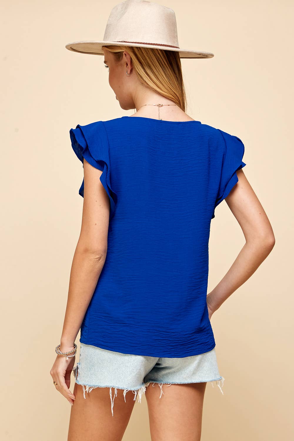 Women's Sleeveless - Solid Top with Ruffled Detailed Sleeves - Royal - Cultured Cloths Apparel