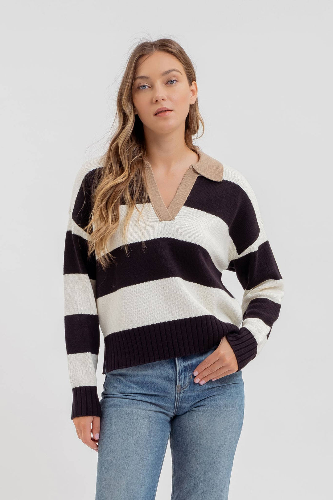 Women's Long Sleeve - STRIPE CONTRAST COLLAR LONG SLEEVE KNIT SWEATER -  - Cultured Cloths Apparel