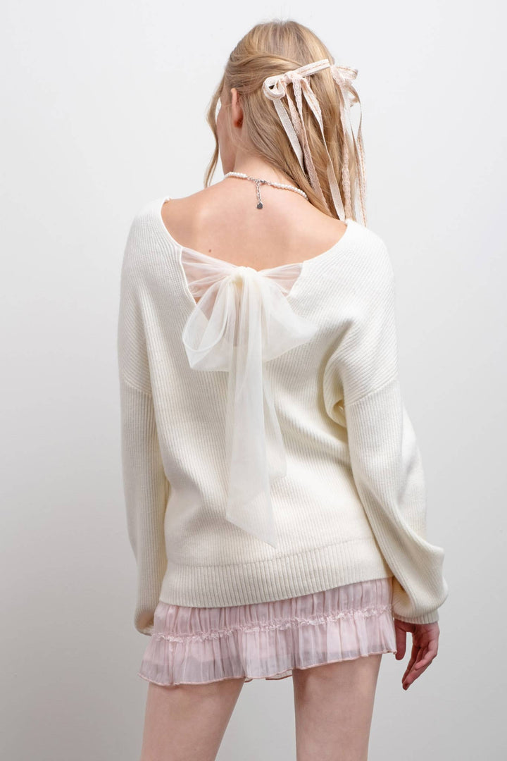 Women's Sweaters - V NECK DROP SHOULDER BACK BOW TIE DETAIL SWEATER - - Cultured Cloths Apparel