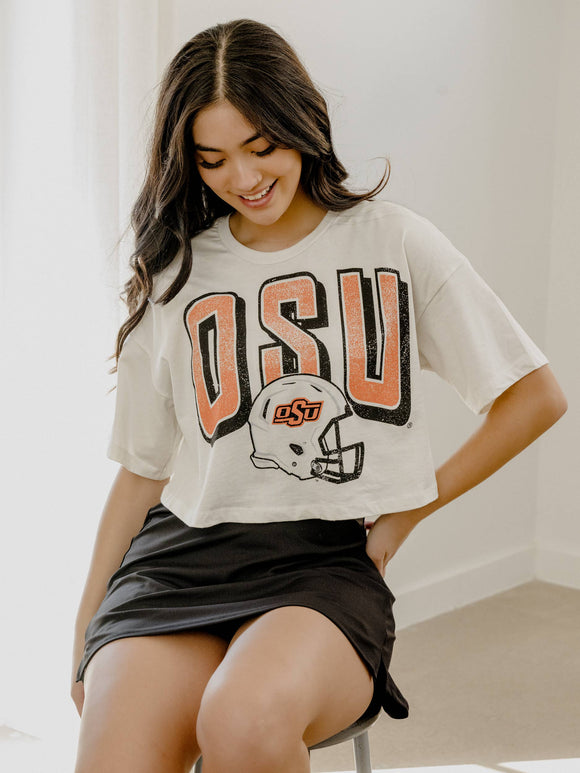 Graphic T-Shirts - OSU Cowboys Helmet Fade Off White Cropped Tee -  - Cultured Cloths Apparel