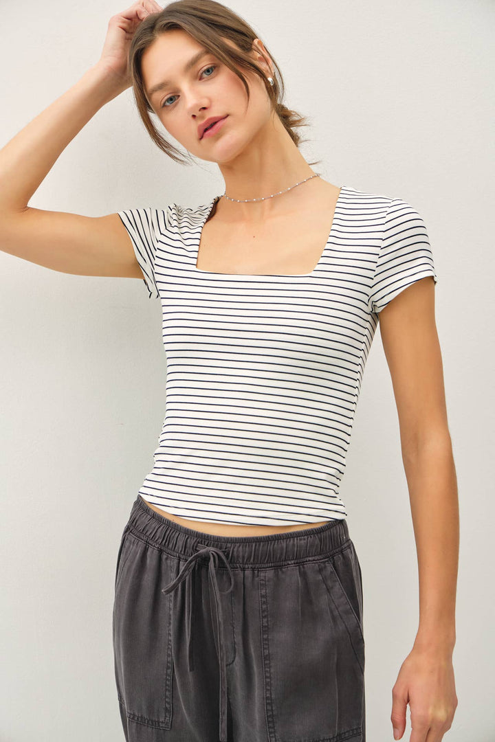 Women's Short Sleeve - ULTRA SOFT DOUBLE LINED STRIPED SQUARE NECK TOP - Dk Navy - Cultured Cloths Apparel