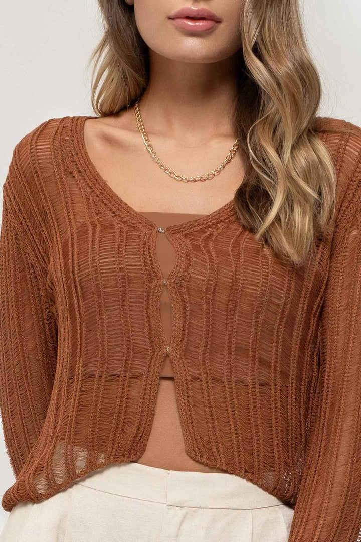 Women's Long Sleeve - FRONT HOOK AND EYE CROCHET KNIT CARDIGAN -  - Cultured Cloths Apparel