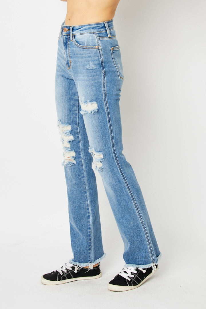 Denim - Judy Blue Full Size Distressed Raw Hem Bootcut Jeans -  - Cultured Cloths Apparel