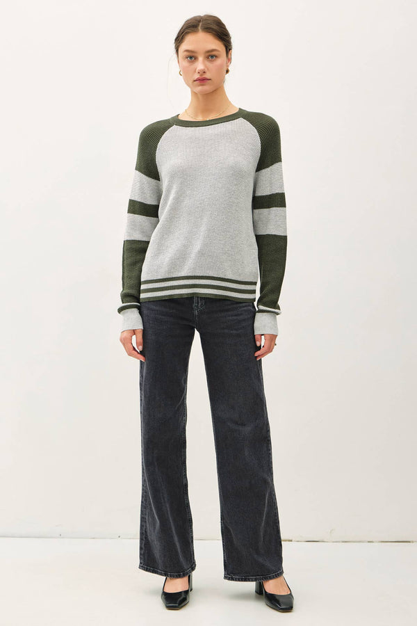 Women's Sweaters - BASEBALL STYLE SWEATER WITH STRIPED ACCENTS -  - Cultured Cloths Apparel