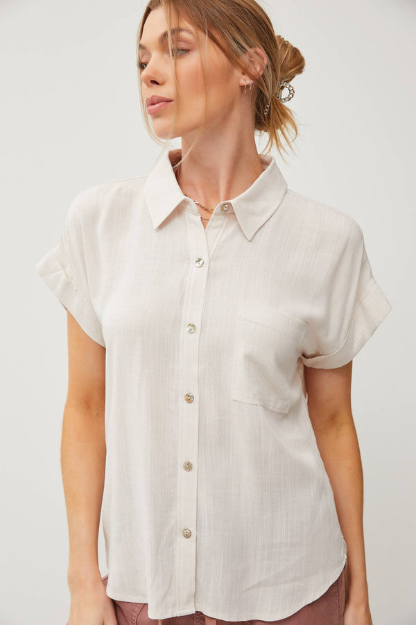 Women's Short Sleeve - SOLID SHORT SLEEVE BUTTON DOWN SHIRT - Ecru - Cultured Cloths Apparel