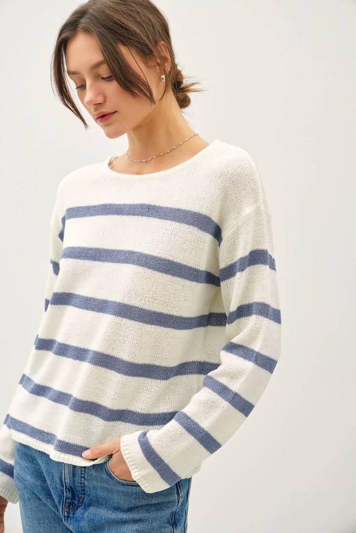 Women's Sweaters - STRIPED RELAXED FIT LONG SLEEVE SWEATER - Denim - Cultured Cloths Apparel