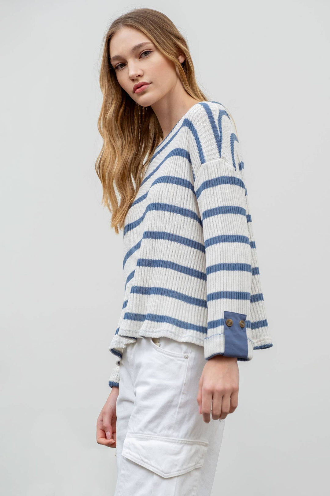 Women's 3/4 Sleeve - STRIPED 3/4 FOLDED SLEEVE KNIT TOP -  - Cultured Cloths Apparel