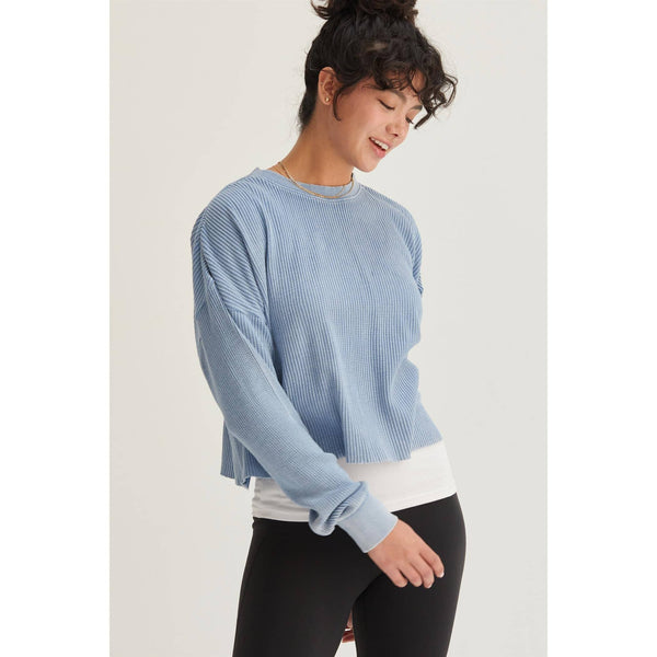 Women's Sweaters - RIBBED LONG SLEEVE CROP SWEATER - GRAY BLUE - Cultured Cloths Apparel