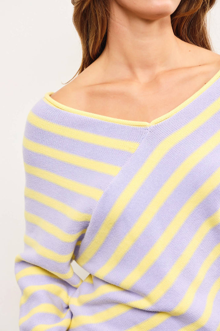 Women's Sweaters - CROSS STRIPE V NECK SWEATER TOP - LAVENDER MULTI - Cultured Cloths Apparel