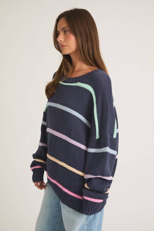 Women's Sweaters - Long Sleeve Round Neck 3d Striped Sweater - - Cultured Cloths Apparel