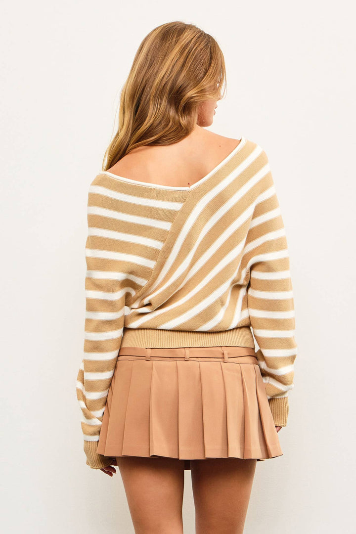 Women's Sweaters - CROSS STRIPE V NECK SWEATER TOP - - Cultured Cloths Apparel