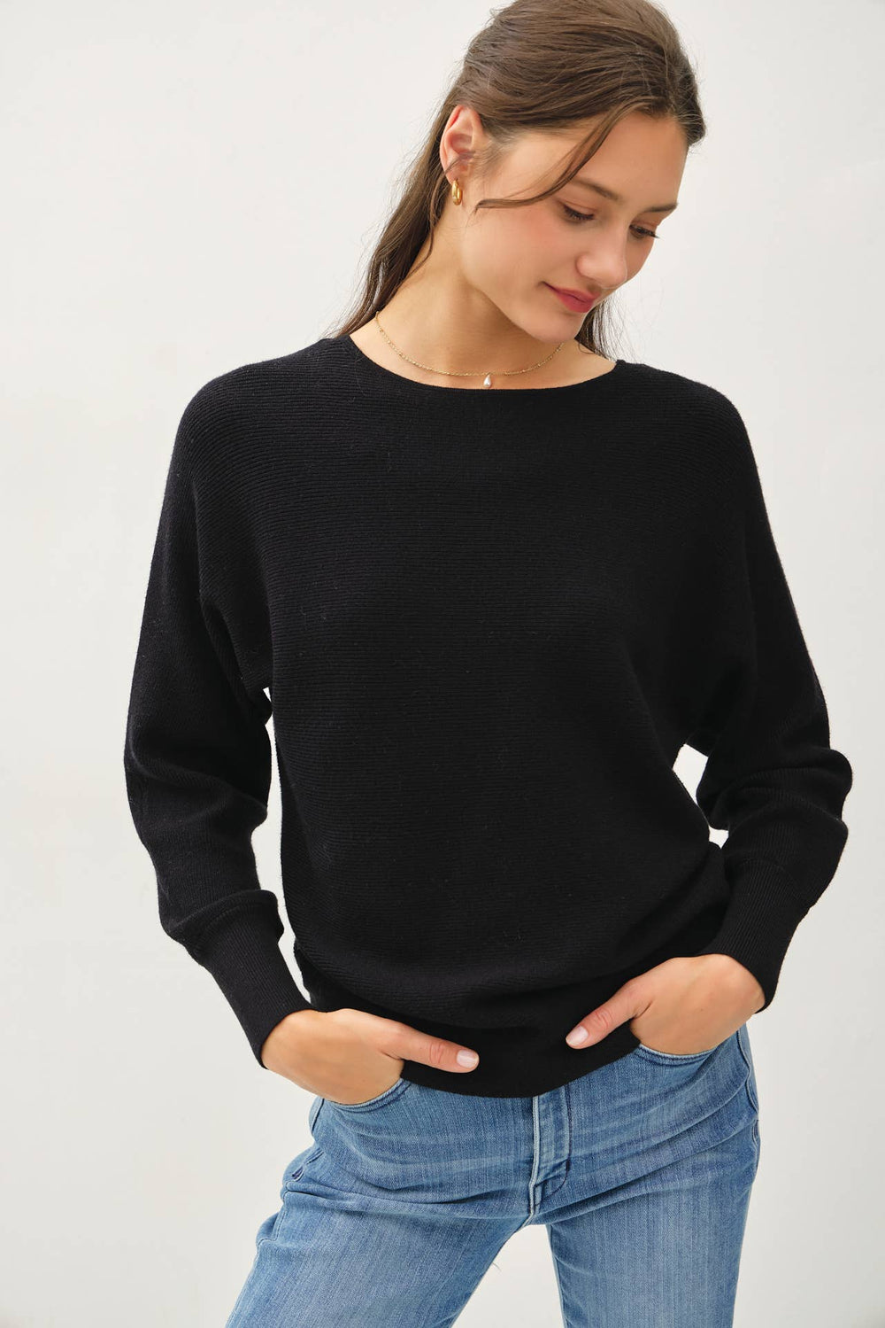 Women's Sweaters - BOAT NECK DOLMAN SLEEVE RIBBED SWEATER - ML - Cultured Cloths Apparel