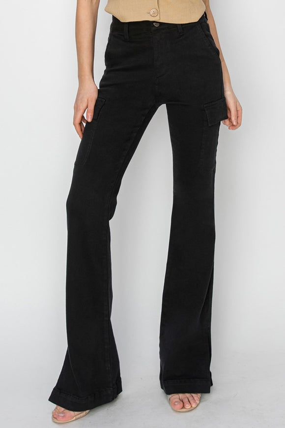 Denim - RISEN Full Size High Rise Side Slit Cargo Bootcut Jeans - Black - Cultured Cloths Apparel