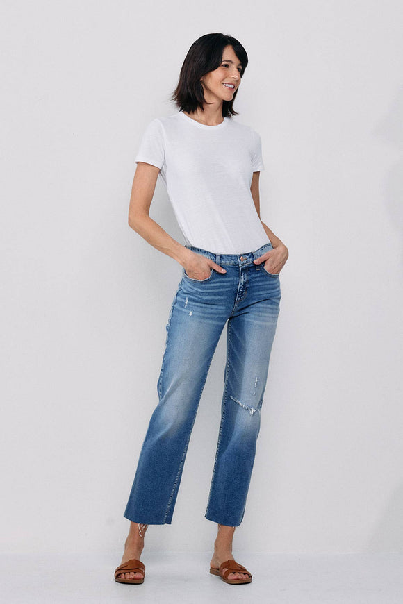 Denim - SNEAKPEEK MID RISE STRAIGHT JEANS WITH KNEE RIPS -  - Cultured Cloths Apparel