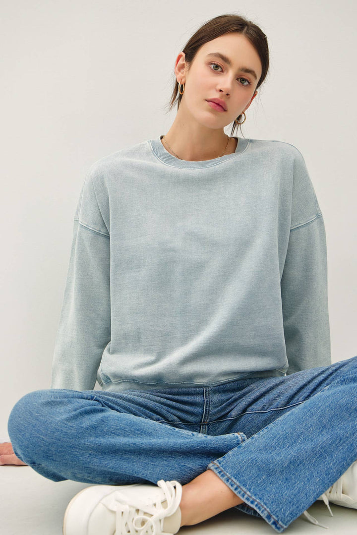 Women's Sweaters - CROPPED ACID WASH CREW NECK SWEATSHIRT - Cloud Blue - Cultured Cloths Apparel