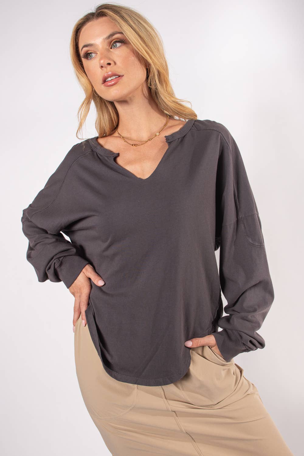 Women's Long Sleeve - WASHED OVERSIZED PREMIUM COTTON NOTCH NECK TEE -  - Cultured Cloths Apparel