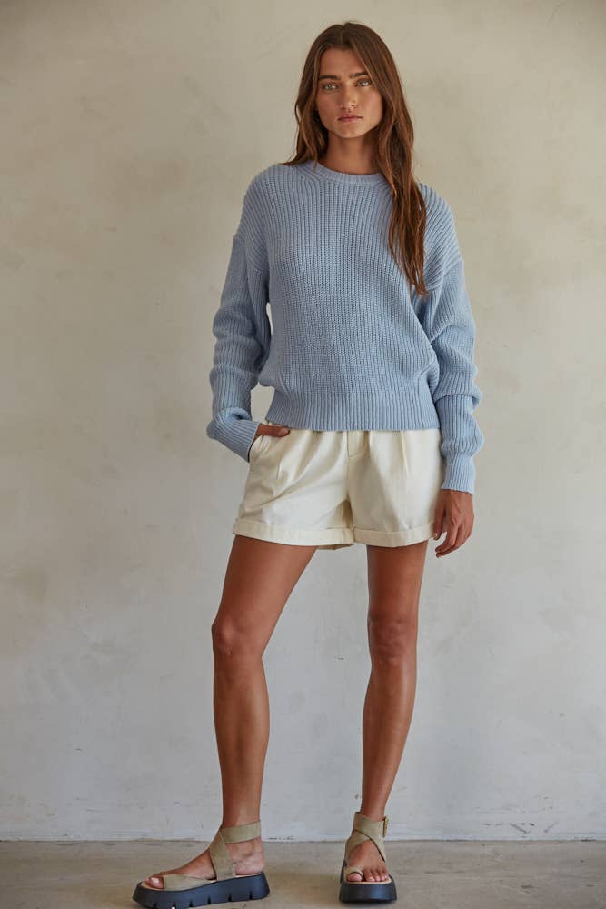 Women's Sweaters - Knit Cotton Sweater Ribbed Long Sleeve Pullover Top - Light Blue - Cultured Cloths Apparel