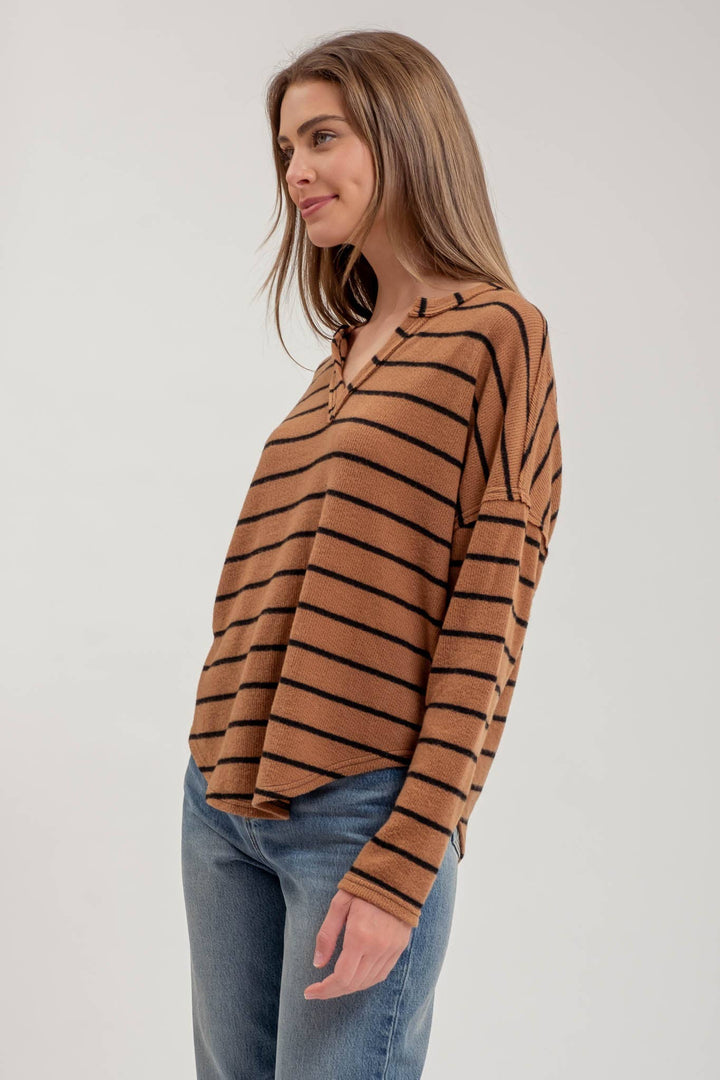 Women's Sweaters - STRIPE EXPOSED SEAM SPLIT NECK KNIT TOP: BROWN -  - Cultured Cloths Apparel