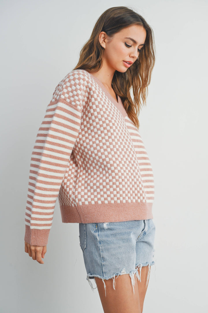 Women's Sweaters - FRENCHY CHECKER PATTERN DROP SHOULDER SWEATER - - Cultured Cloths Apparel