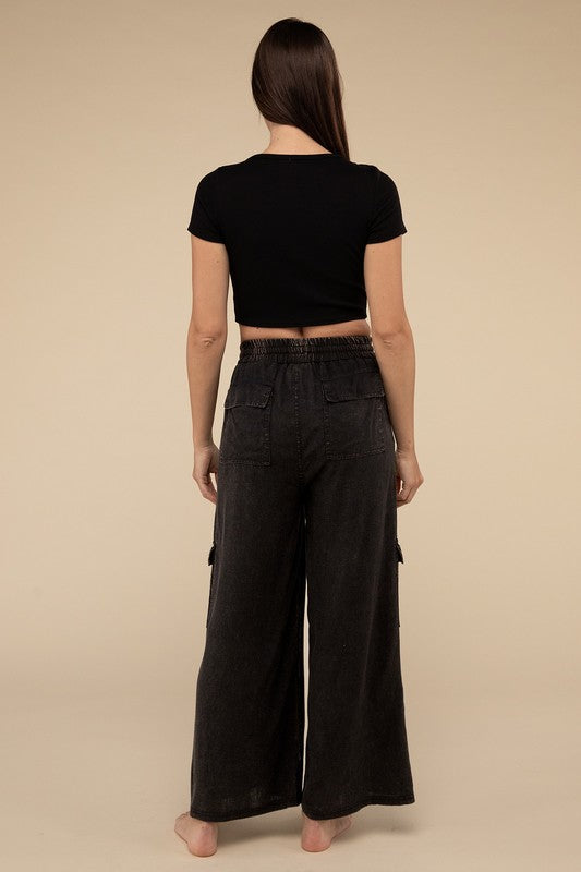 Denim - Washed Linen Elastic Band Waist Cargo Pants -  - Cultured Cloths Apparel