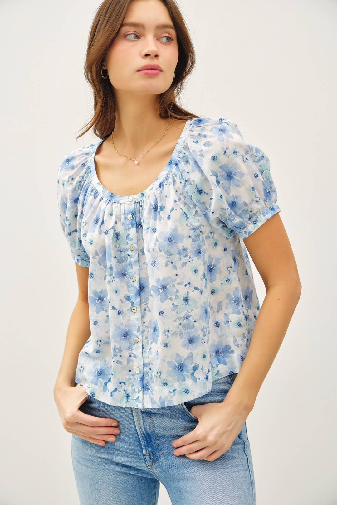 Women's Short Sleeve - FLORAL BOXY PUFF SLEEVE BUTTON UP TOP - Blue - Cultured Cloths Apparel