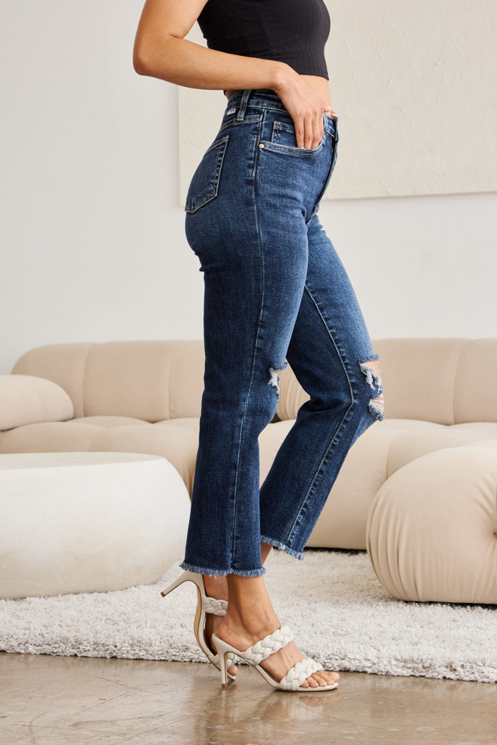 Denim - RFM Crop Dylan Full Size Tummy Control Distressed High Waist Raw Hem Jeans -  - Cultured Cloths Apparel